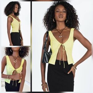 Princess Polly Little Lambs Lemon Yellow Tie-Front Sleeveless Top Lace Detail Sz